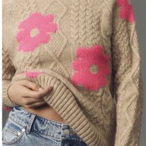 Anthropologie Beige and Pink Floral Cable Knit Sweater